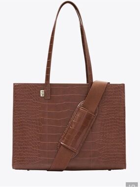 BEIS Brown Croc-Embossed Messenger Tote with Detachable Strap